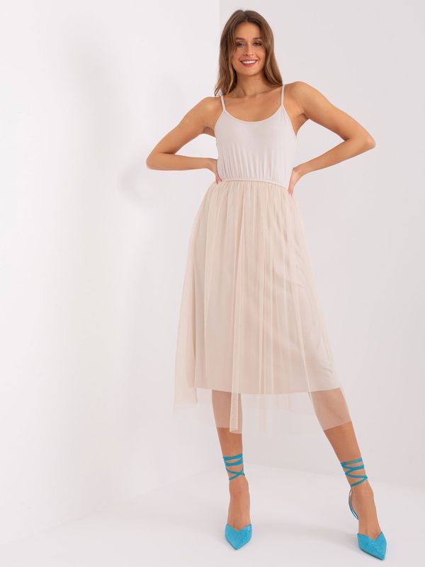 Fashionhunters Light beige midi cocktail dress with tulle