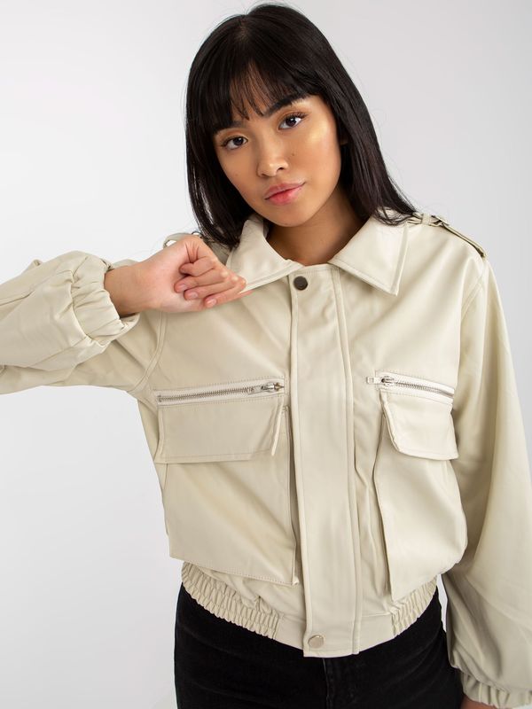 Fashionhunters Light beige short eco-leather jacket with collar