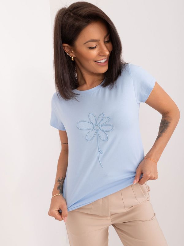 Fashionhunters Light blue blouse with BASIC FEEL GOOD appliqué