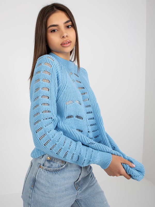 Fashionhunters Light blue openwork oversize sweater with wool