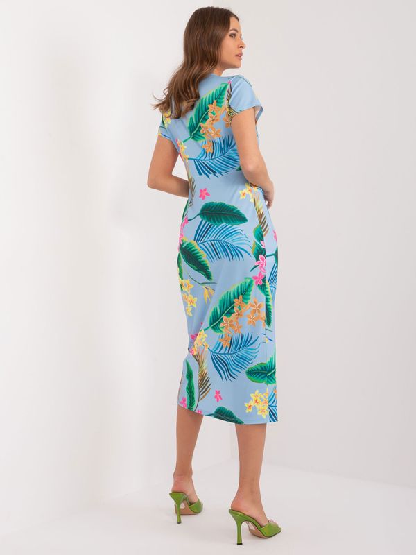 Fashionhunters Light blue women's dress with exotic prints