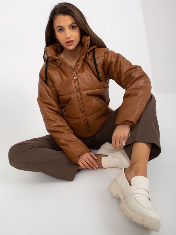 Fashionhunters Light brown down jacket made of artificial leather with hood