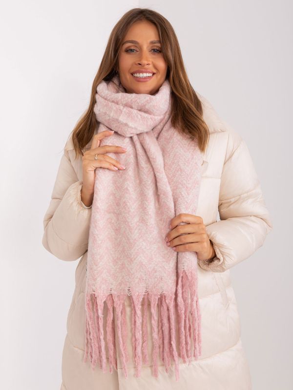 Fashionhunters Light pink and white patterned scarf with fringe