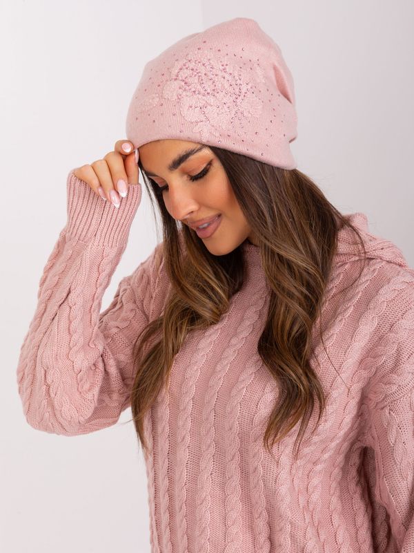 Fashionhunters Light pink knitted beanie with rhinestones