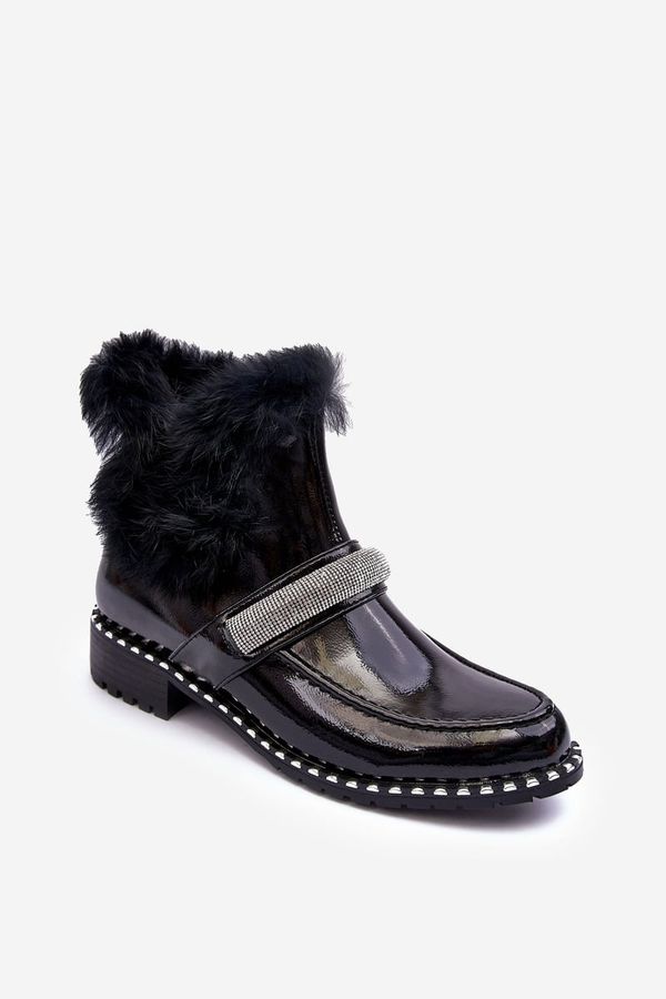 Kesi Low patent leather ankle boots with fur and decorations. Barski Black