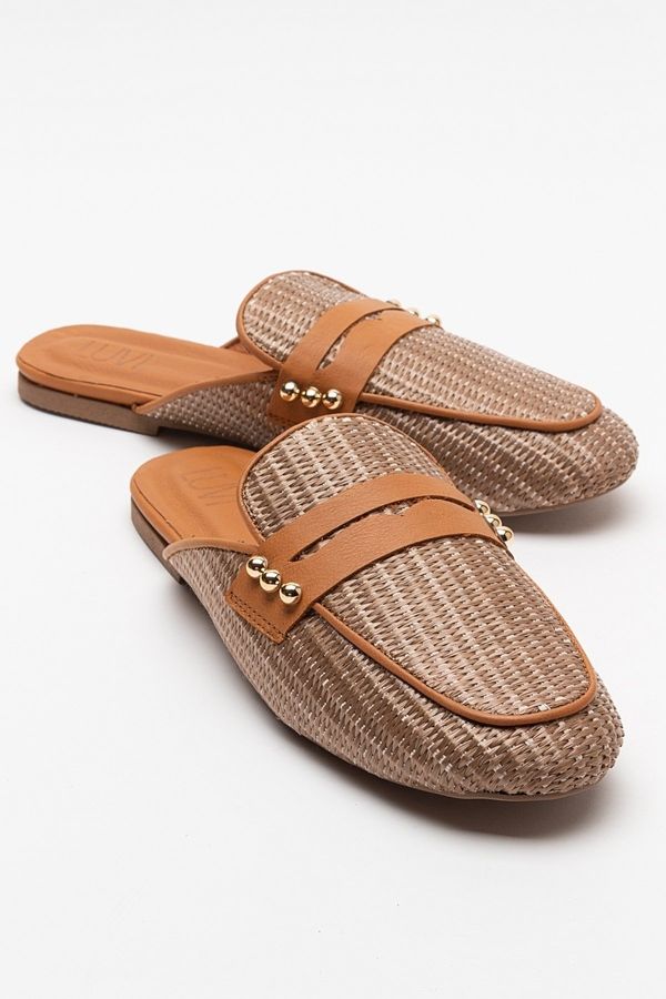 LuviShoes LuviShoes 165 Genuine Leather Brown Straw Women's Slippers