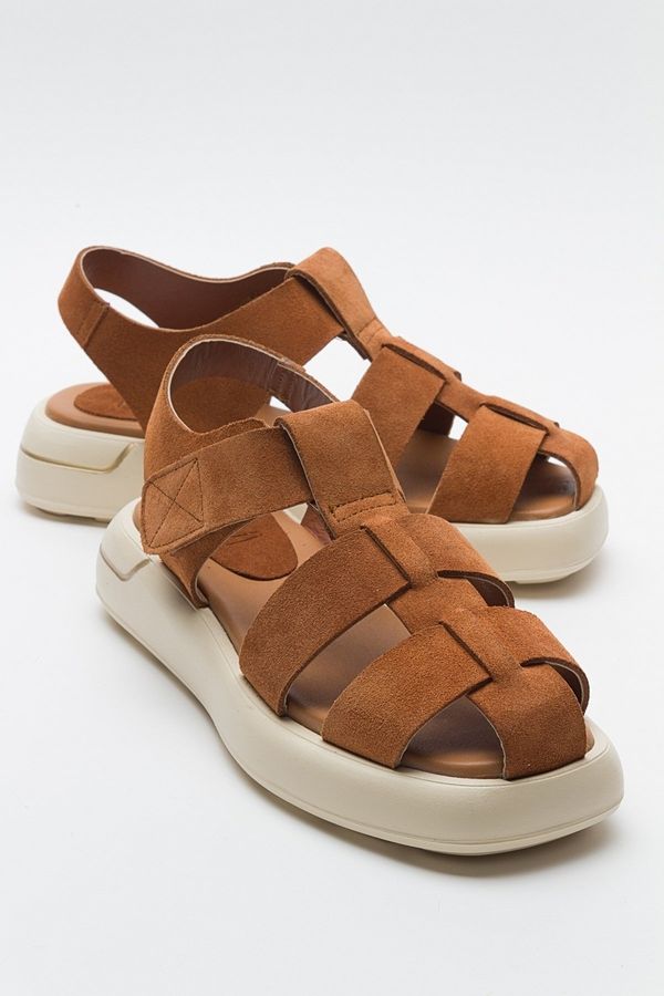 LuviShoes LuviShoes BELİV Women's Sandals with Tan and Suede Genuine Leather.