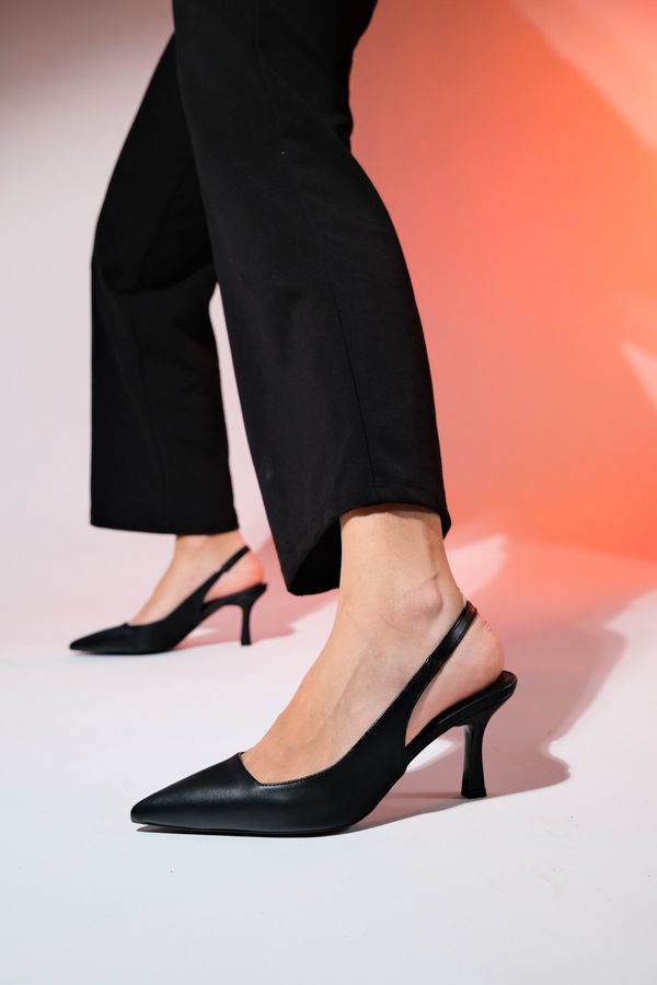 LuviShoes LuviShoes FLEM Black Skin Women's Pointed Toe Open Back Thin Heel Shoes