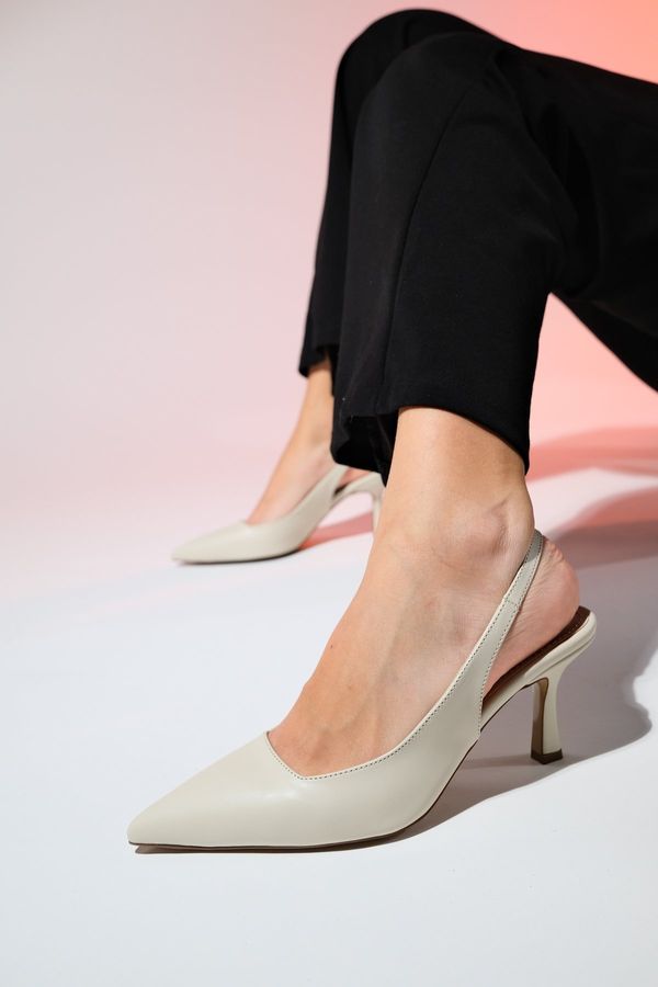LuviShoes LuviShoes FLEM Women's Ecru Skin Pointed Toe Open Back Thin Heel Shoes