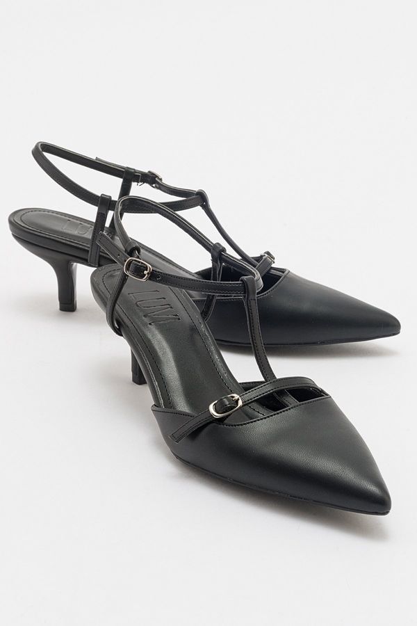 LuviShoes LuviShoes FRANS Black Skin Women's Pointed Toe Open Back Short Heeled Shoes