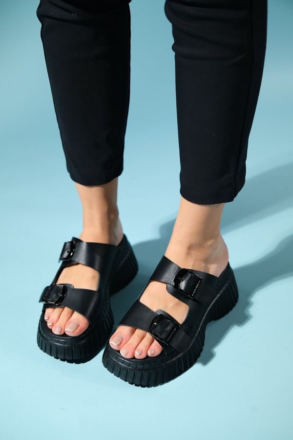 LuviShoes LuviShoes JOANES Black Skin Genuine Leather Double Strap Women's Padding Sole Slippers