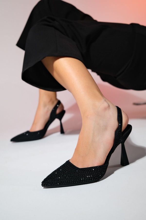 LuviShoes LuviShoes LUIS Black Satin Stone Pointed Toe Women's Thin Heeled Evening Shoes