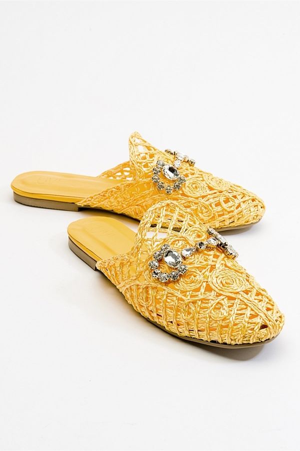 LuviShoes LuviShoes Noble Women's Slippers From Genuine Leather With Yellow Knitted Stones.