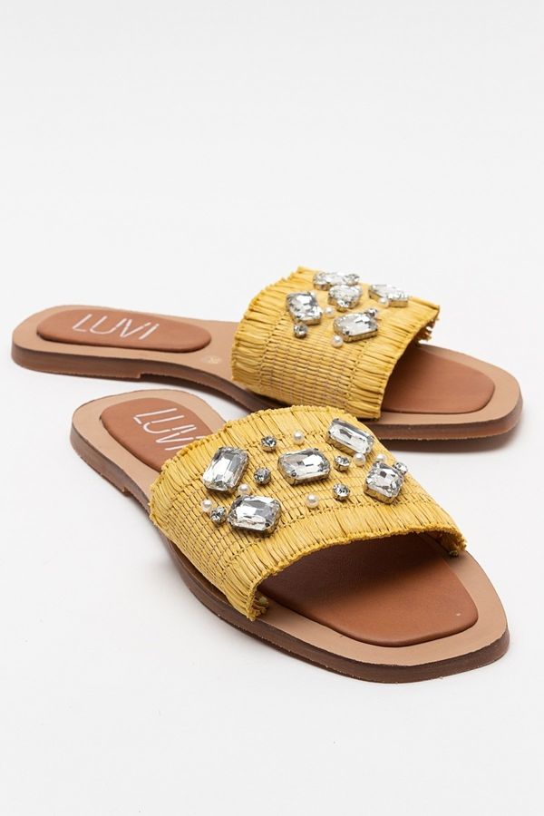 LuviShoes LuviShoes NORVE Yellow Straw Stone Women's Slippers