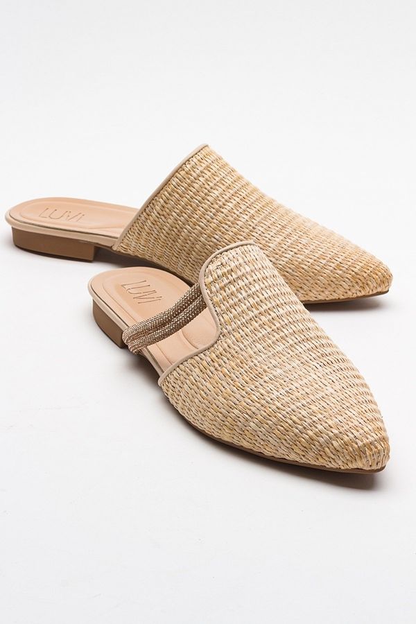 LuviShoes LuviShoes PESA Cream Women's Slippers with Straw Stones.