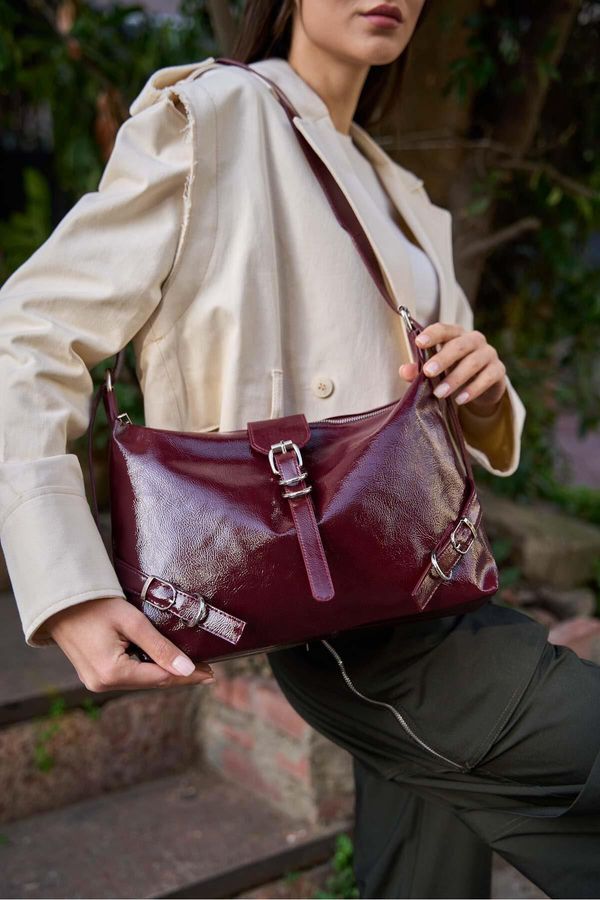 Madamra Madamra Burgundy Patent Leather Women's Belt Cornered Patent Leather Shoulder Bag