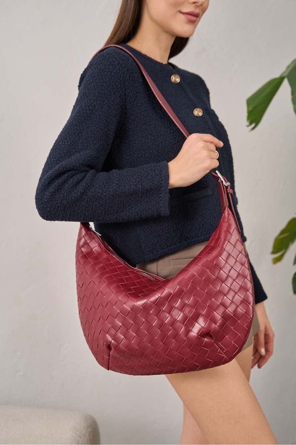 Madamra Madamra Burgundy Women's Knitted Patterned Big Bag