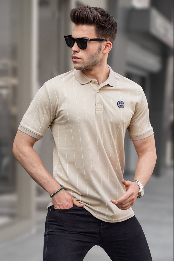 Madmext Madmext Beige Buttoned Striped Polo Neck T-Shirt 5879