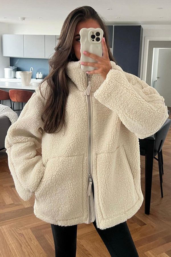Madmext Madmext Beige High Neck Pocketed Plush Coat