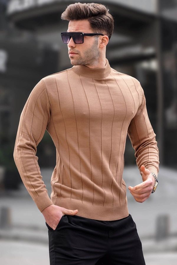 Madmext Madmext Beige Slim Fit Half Turtleneck Striped Anti-Pilling Men's Knitwear Sweater 6344