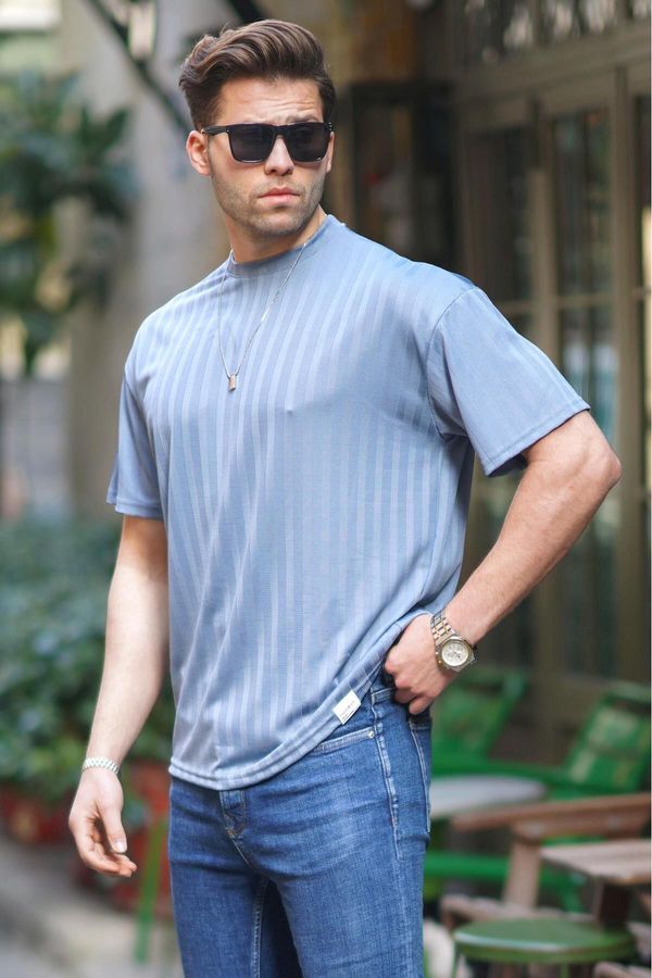 Madmext Madmext Blue Men's Striped Oversize T-Shirt 6198