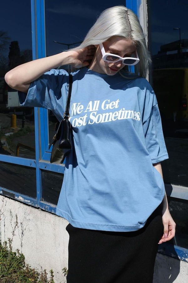 Madmext Madmext Blue Printed Oversized T-Shirt Mg1532.