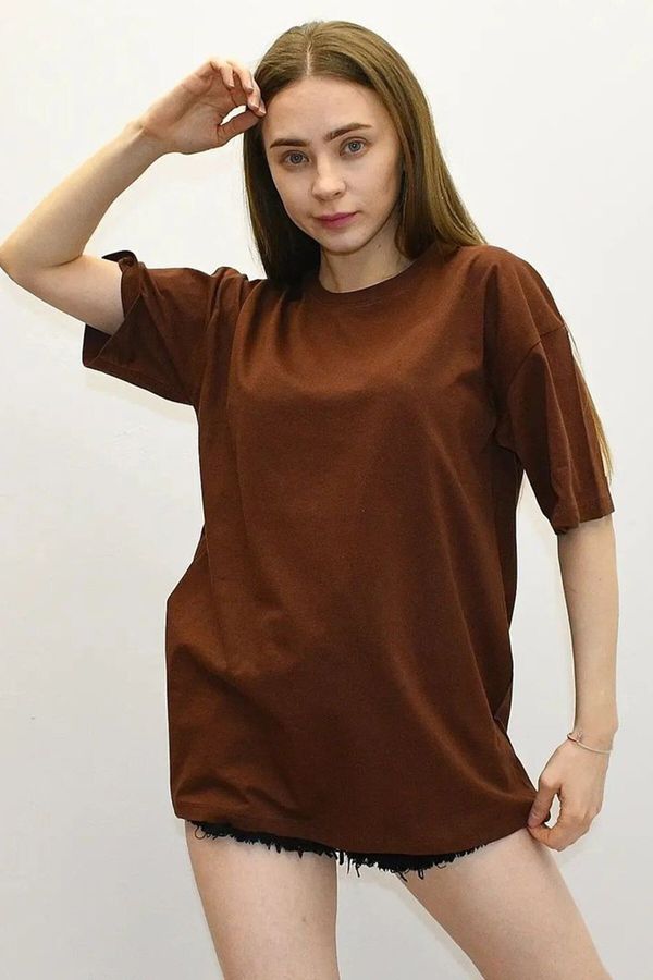 Madmext Madmext Brown Back Printed Oversize Women's T-Shirt