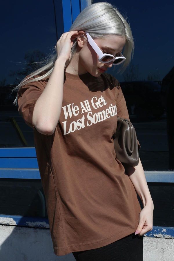 Madmext Madmext Brown Printed Oversize T-Shirt Mg1532