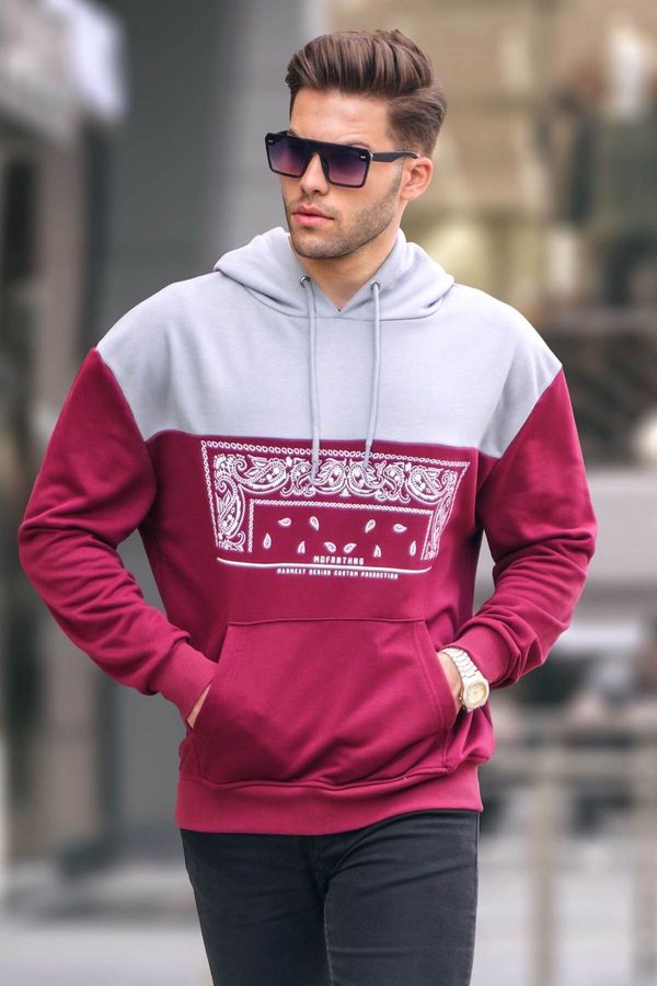 Madmext Madmext Claret Red Hoodie with Patterned Sweatshirt 6022