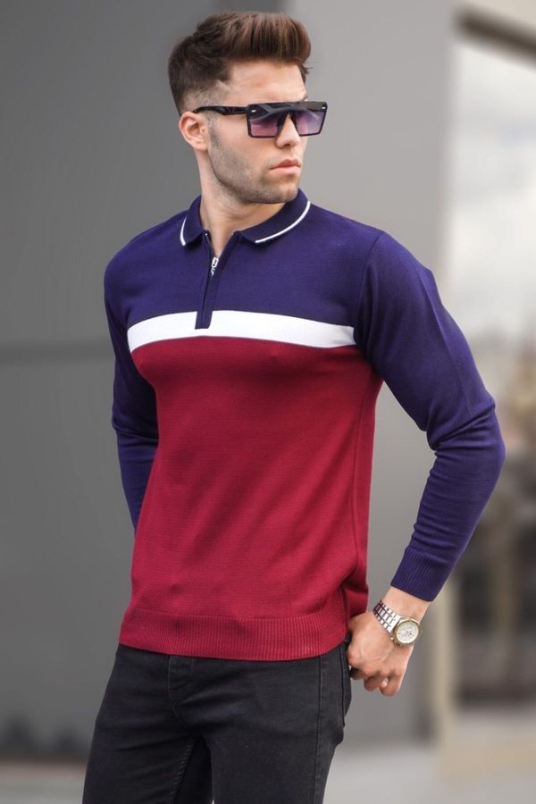 Madmext Madmext Claret Red with Zipper Polo Collar Knitwear Sweater 5787
