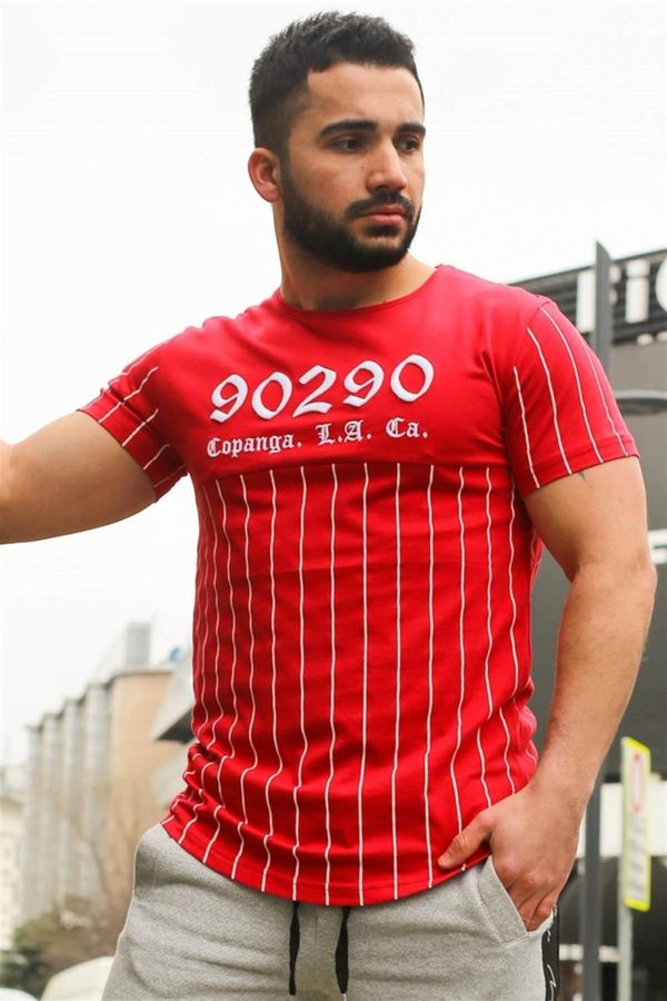 Madmext Madmext Crew Neck Stripe Detailed Red T-Shirt 2863