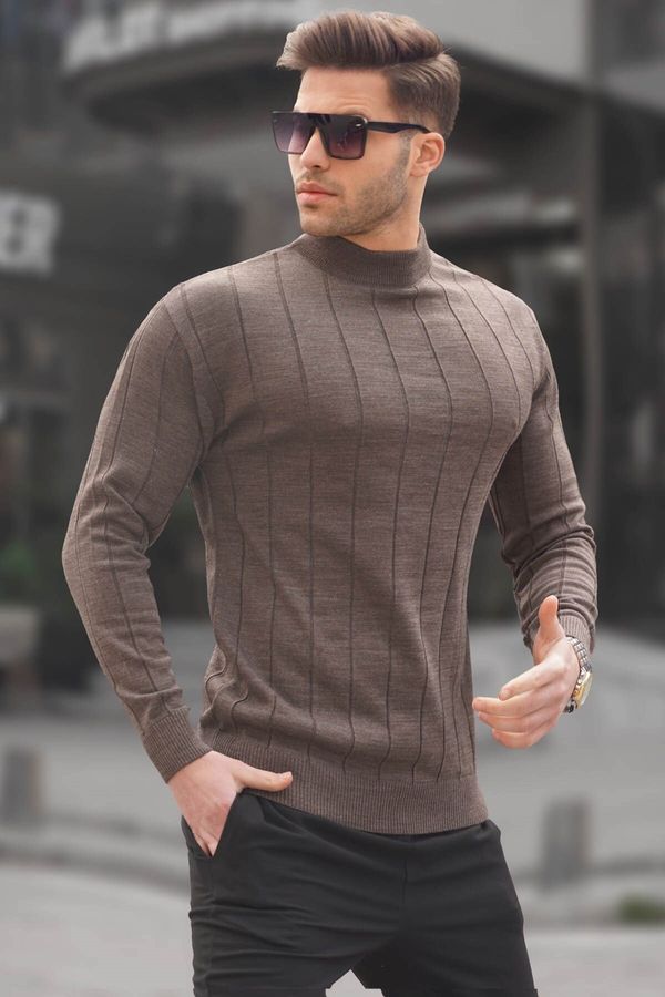 Madmext Madmext Dark Brown Slim Fit Half Turtleneck Striped Anti-Pilling Men's Knitwear Sweater 6344