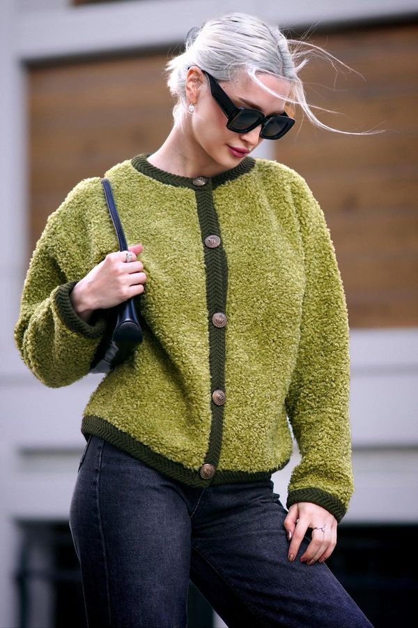 Madmext Madmext Green Buttoned Boucle Knitwear Cardigan