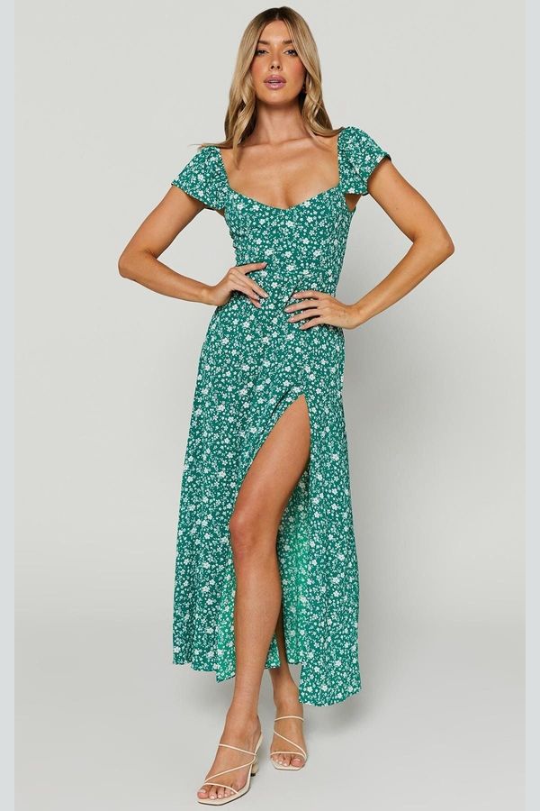 Madmext Madmext Green Patterned Slit Long Dress
