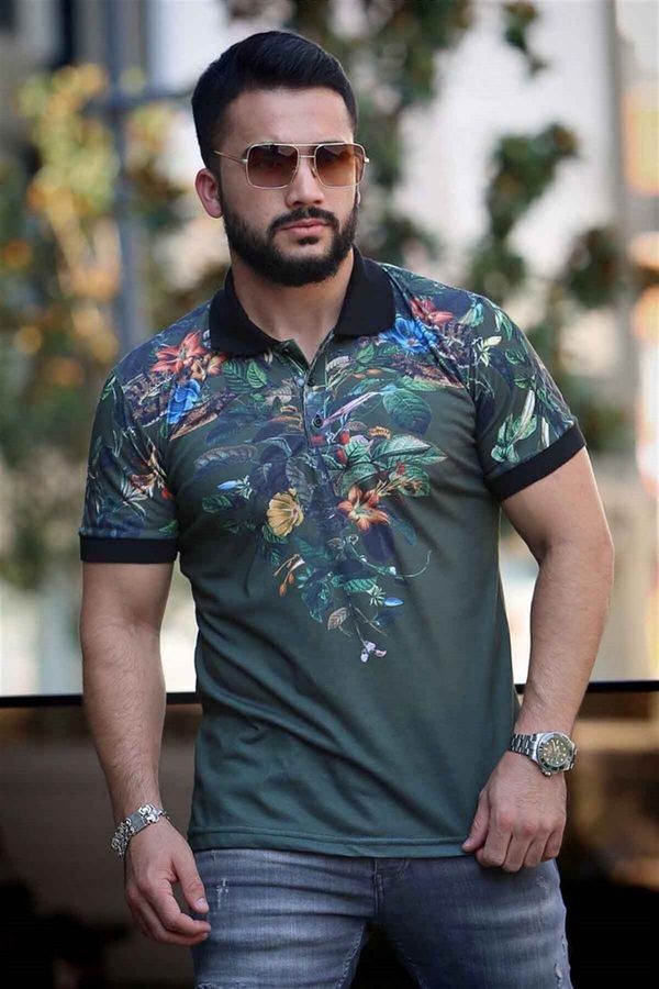 Madmext Madmext Khaki Floral Detailed Polo T-Shirt 2885