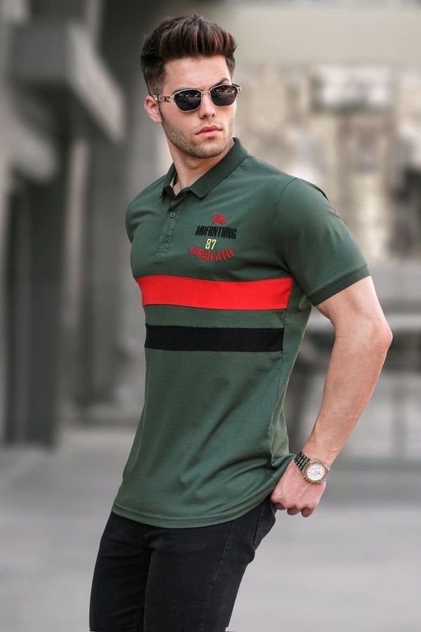 Madmext Madmext Khaki Green Embroidery Polo Neck T-Shirt 5868