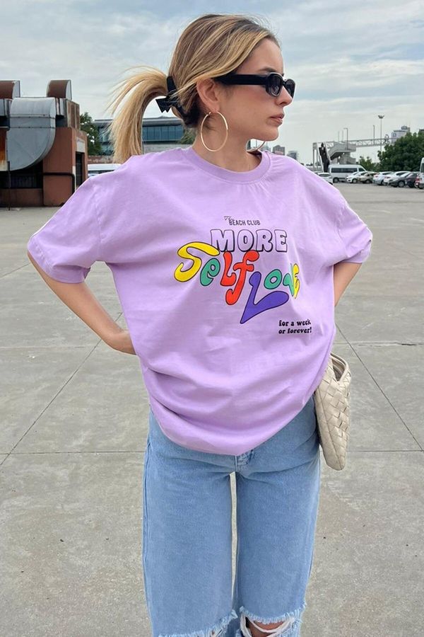 Madmext Madmext Lilac Printed Oversized T-Shirt