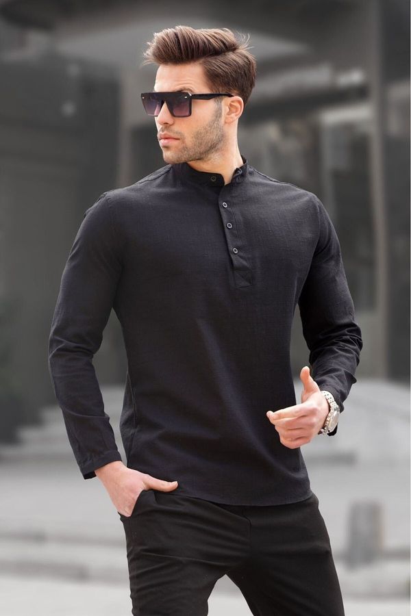 Madmext Madmext Men's Black Linen Regular Fit Shirt 5586