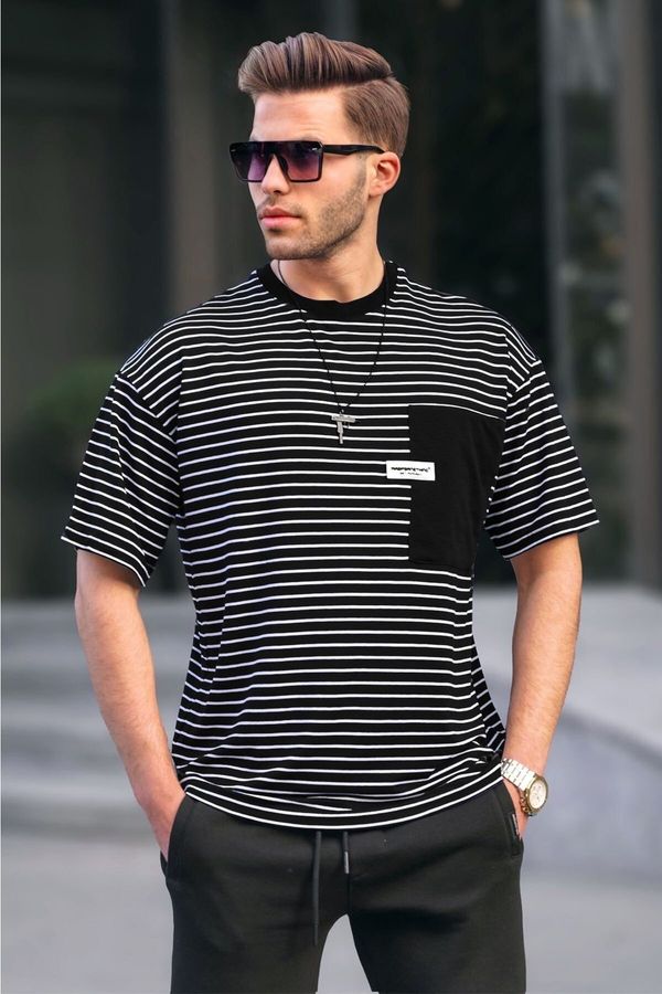 Madmext Madmext Men's Black Striped Patched T-Shirt 6085