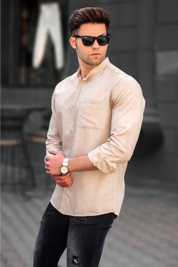 Madmext Madmext Men's Cream Linen Plain Long Sleeve Shirt 5548