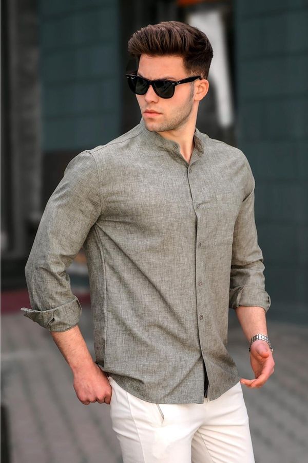 Madmext Madmext Men's Khaki Linen Plain Long Sleeve Shirt 5548