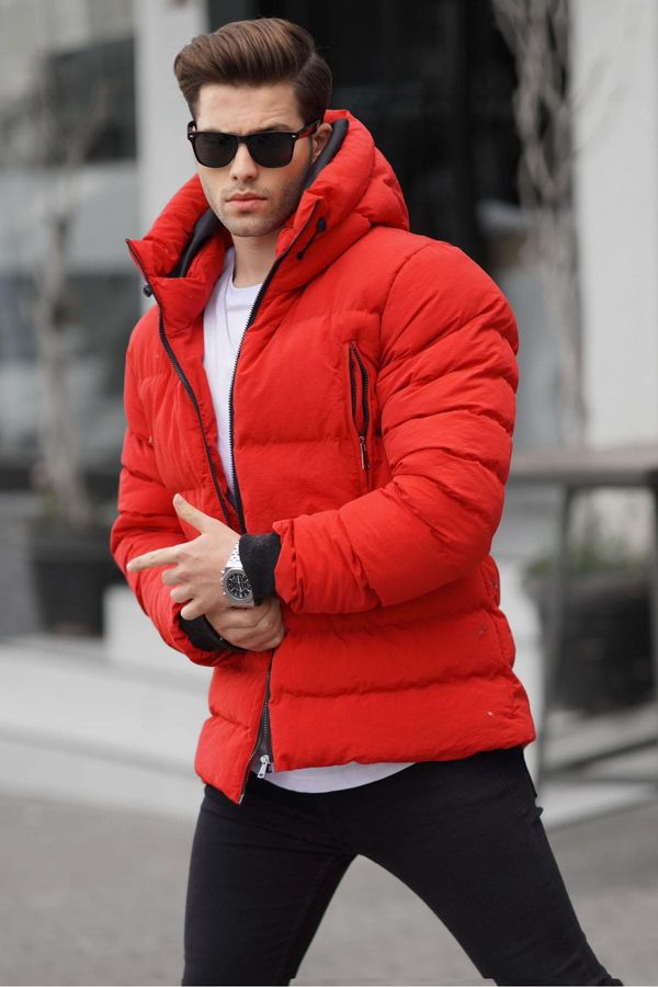 Madmext Madmext Men's Red High Neck Hooded Down Coat 6805