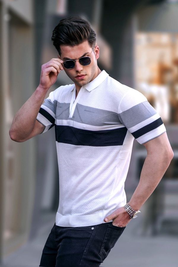 Madmext Madmext Men's White Polo Neck Zippered T-Shirt 5730