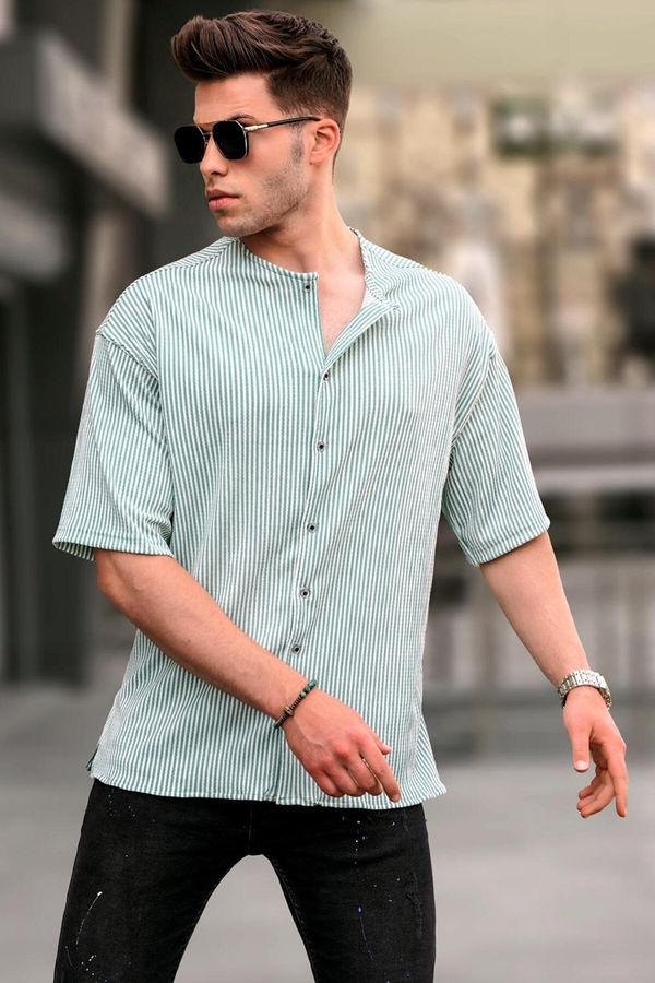 Madmext Madmext Mint Green Big Collar Striped Short Sleeve Shirt 5863