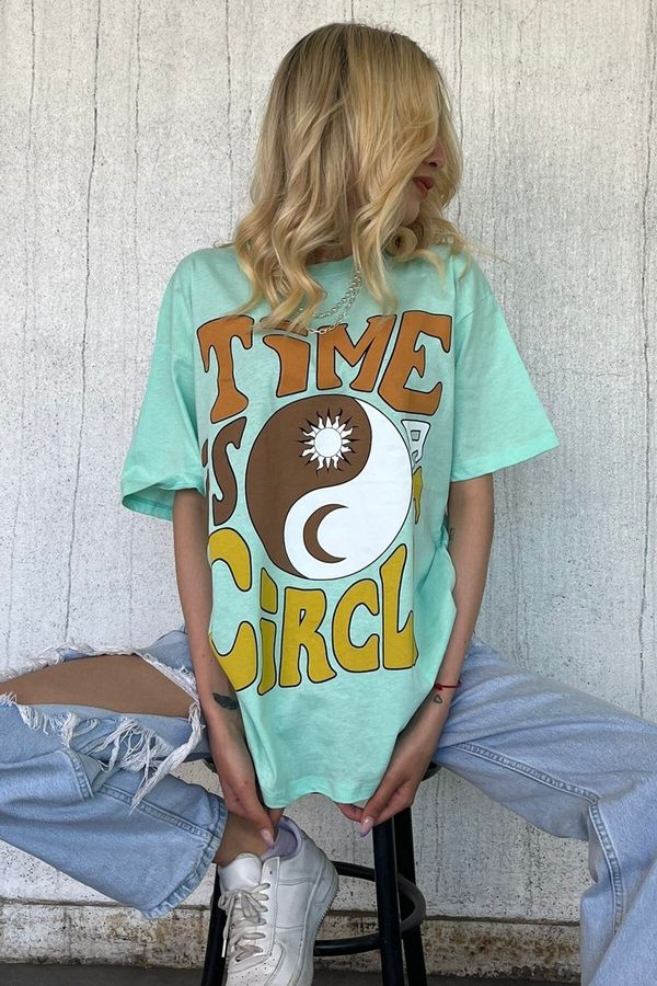 Madmext Madmext Mint Green Printed Over Fit Women's T-Shirt