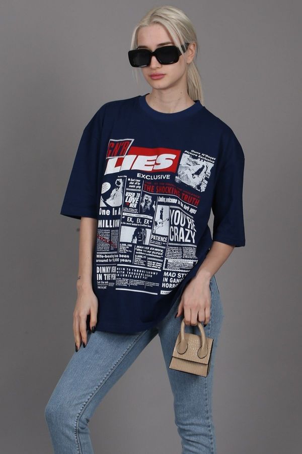 Madmext Madmext Navy Blue Back Printed Oversized Women's T-Shirt