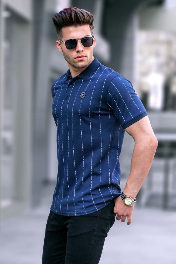 Madmext Madmext Navy Blue Buttoned Striped Polo Neck T-Shirt 5879