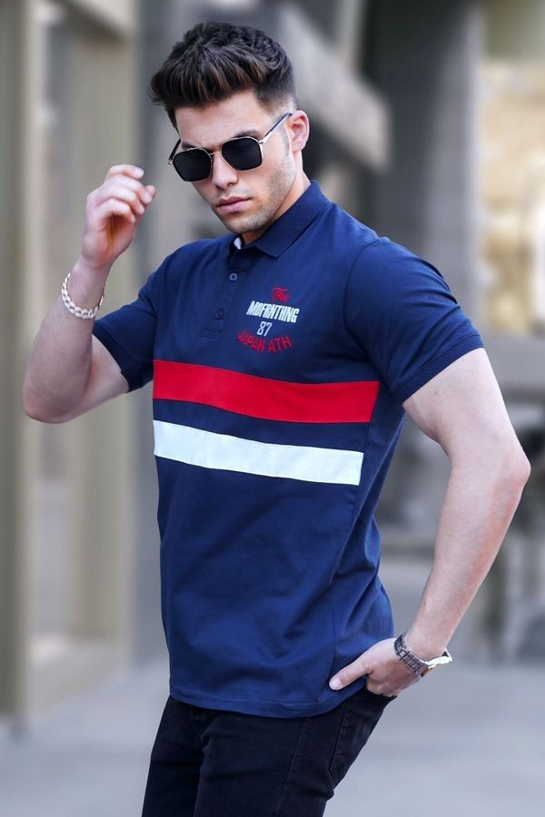 Madmext Madmext Navy Blue Embroidered Polo Neck T-Shirt 5868
