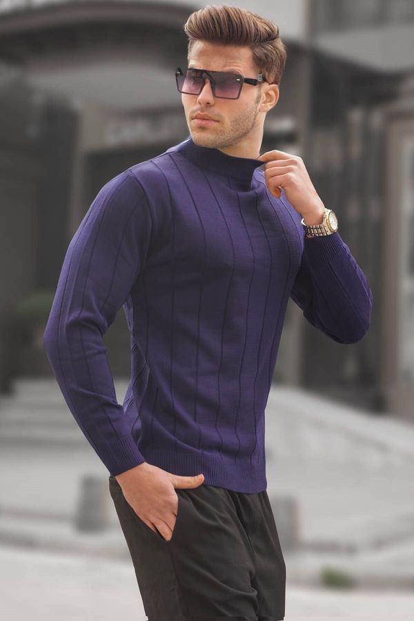 Madmext Madmext Navy Blue Slim Fit Half Turtleneck Striped Anti-Pilling Men's Knitwear Sweater 6344