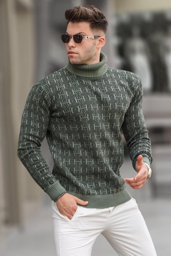 Madmext Madmext Oil Green Patterned Turtleneck Knitwear Sweater 5768